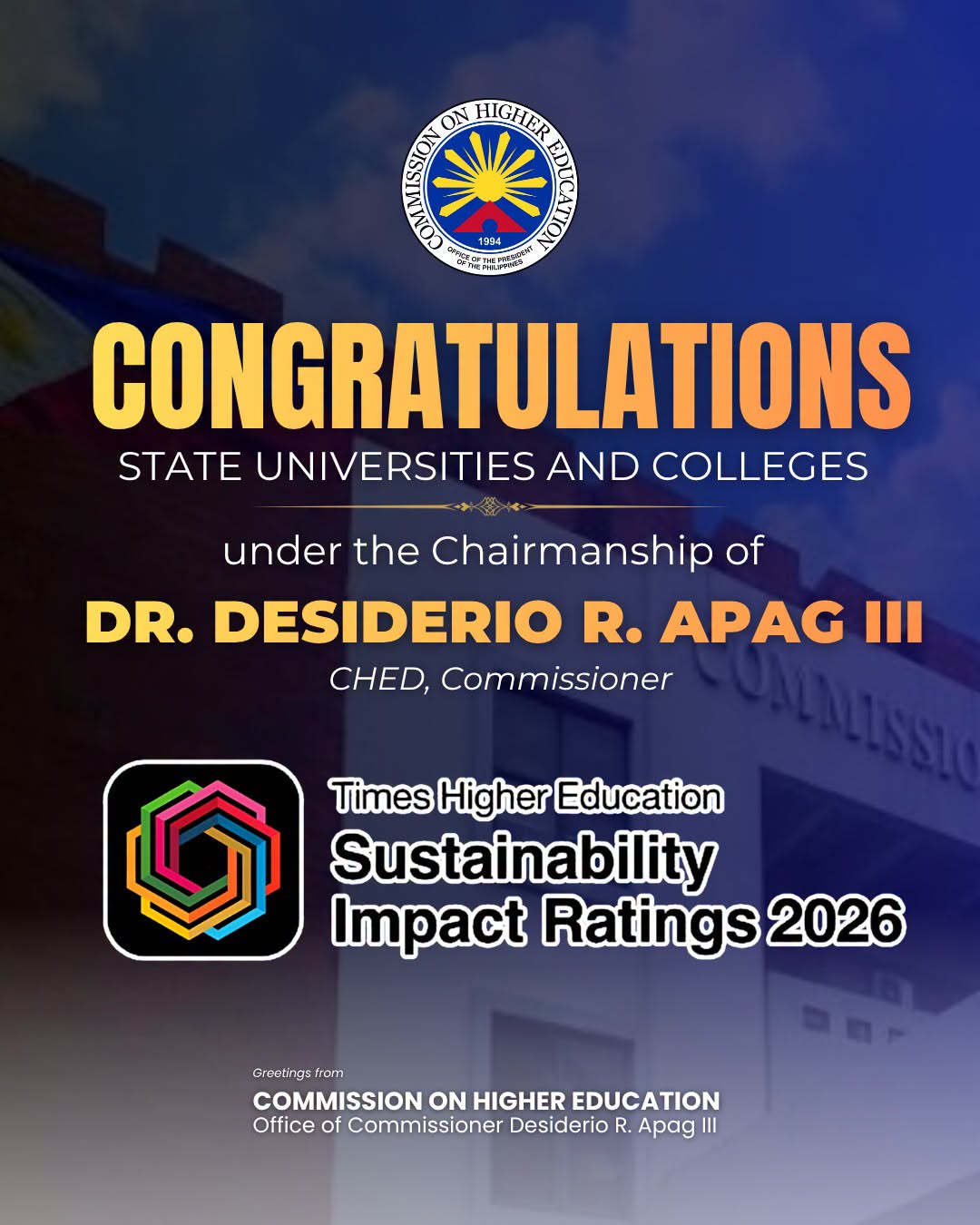 Congratulations to SUCs under the Chairmanship of Dr. Desiderio R. Apag III