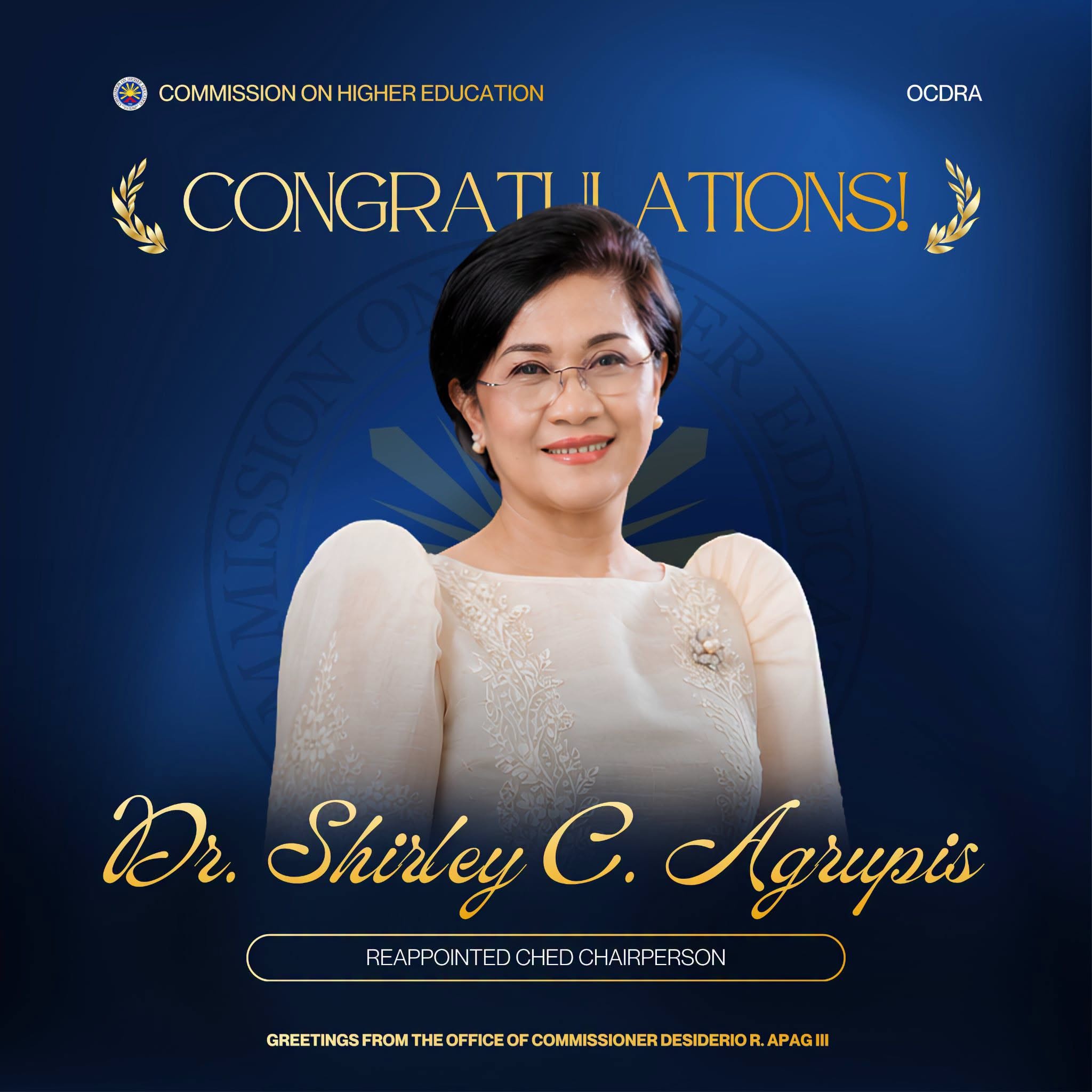 Congratulations Chairperson Dr. Shirley C. Agrupis for the Reappointment